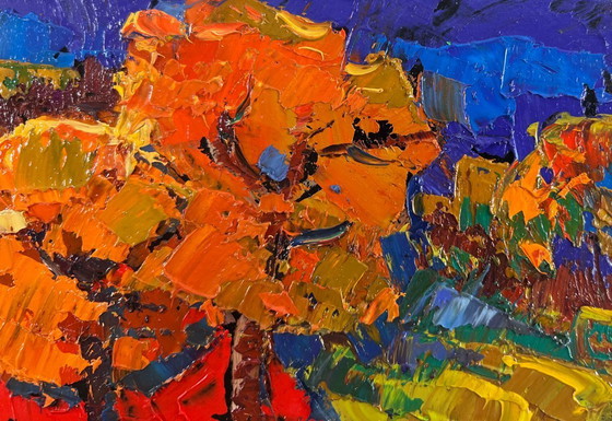 Image 1 of Original Oil Painting Fall Village Landscape Warmth of an autumn day
