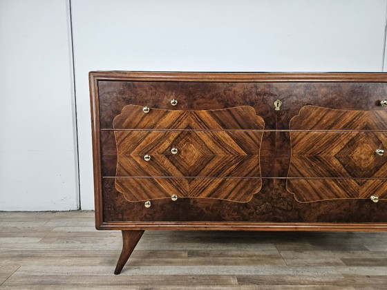 Image 1 of 1950s chest of drawers with glass top, maple workmanship and brass knobs
