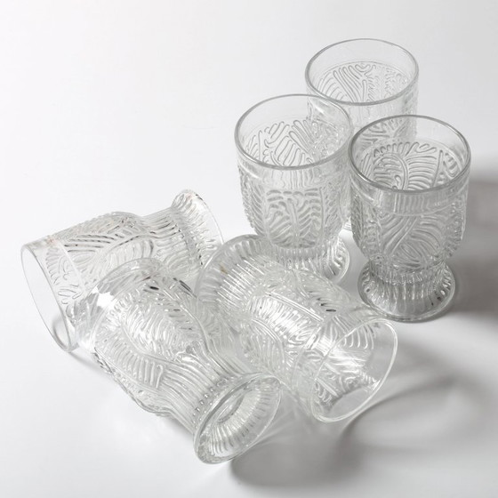 Image 1 of Set of 6 Mid-century Rare Pressed Glass Glasses / Libochovice / Czech Republic / 1981