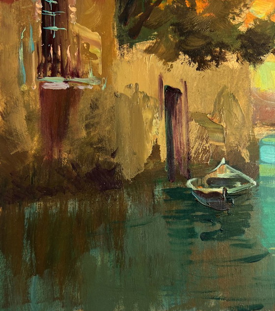 Image 1 of Original Oil Painting River Street Landscape Water channels of the city walls