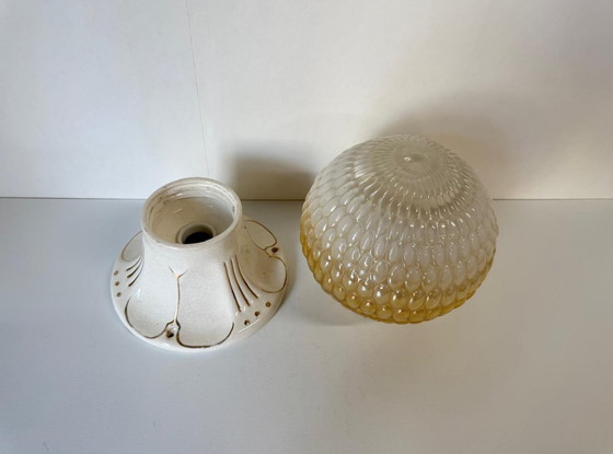 Image 1 of Antique Art Nouveau porcelain lamp with bubble ball, white and gold glass