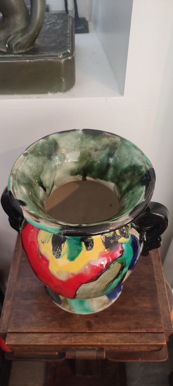 Image 1 of Keramikvase im Art-Deco-Stil mit geflammten Glasuren