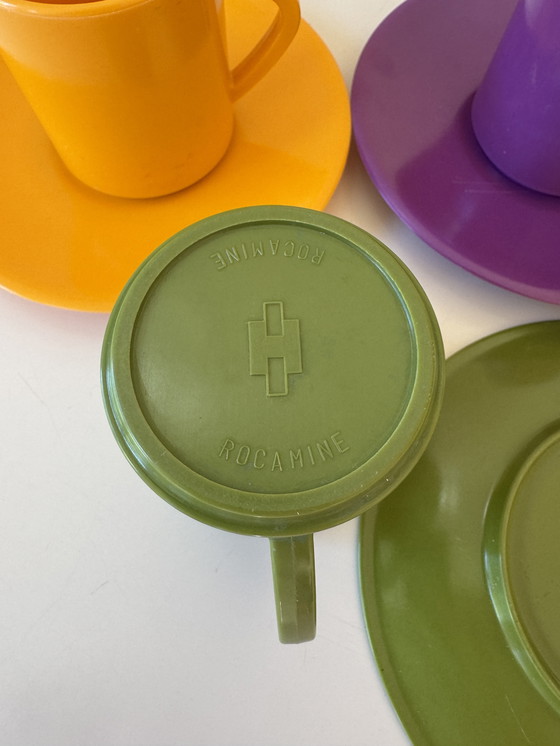 Image 1 of Set Vintage Rocamine Cups and Saucers Melamine Retro Design Belgium 60s/70s