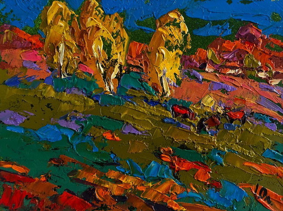 Image 1 of Original Oil Painting Evening Field Landscape Cattle grazing in autumn meadows