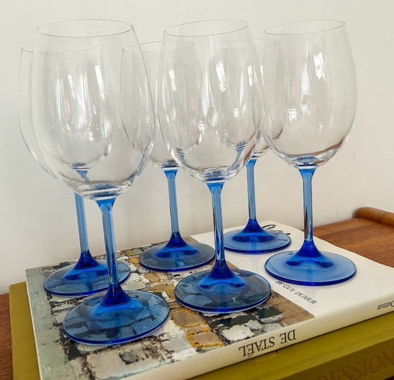 Image 1 of 6x vintage red wine glasses light blue stem