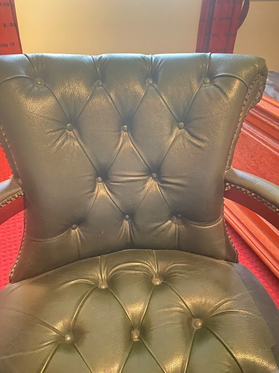 Image 1 of Office chair Antique green leather with wood