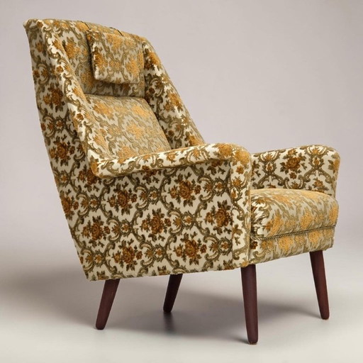 Fauteuil danois à dossier haut des années 1970, tissu d'ameublement marron/beige, bois de teck. – Textile, Wood