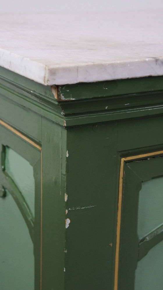 Image 1 of Antico bancone/comò verde della fine del XIX/inizio del XX secolo con piano in marmo