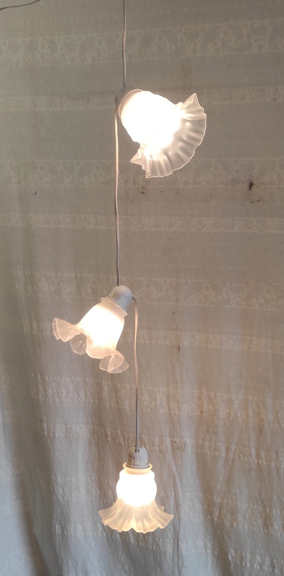 Image 1 of Tre lampade a sospensione a forma di tulipano in pasta di vetro - metà del XX secolo