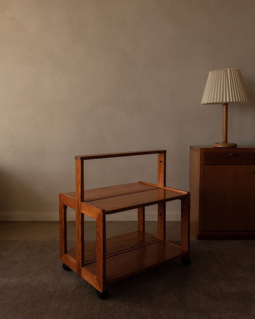 Carrito de servicio plegable vintage de pino, años 70