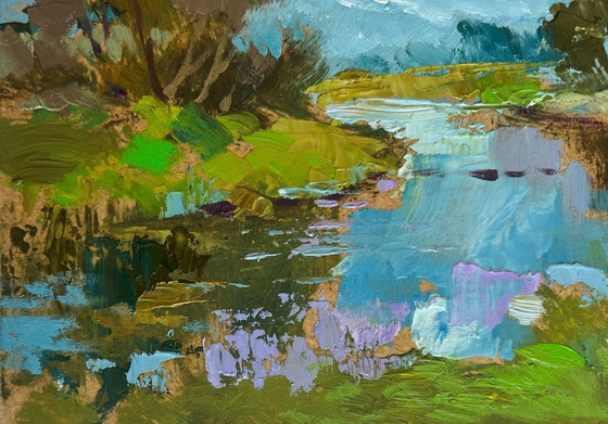 Image 1 of Original Oil Painting Summer River Landscape The Winding River