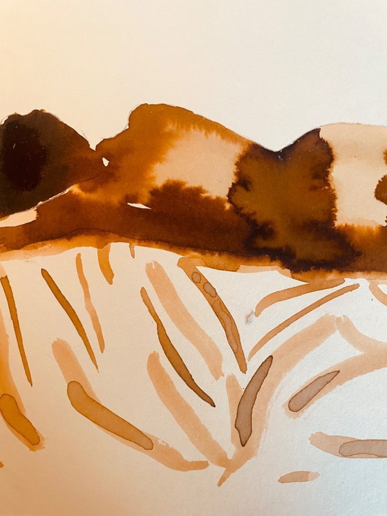 Image 1 of Aquarelle monochrome couleur tabac portrait féminin « sieste au Kenya »
