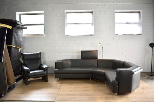 Rolf Benz leather sofa round corner with armchair, lamp and headrest leather couch corner sofa