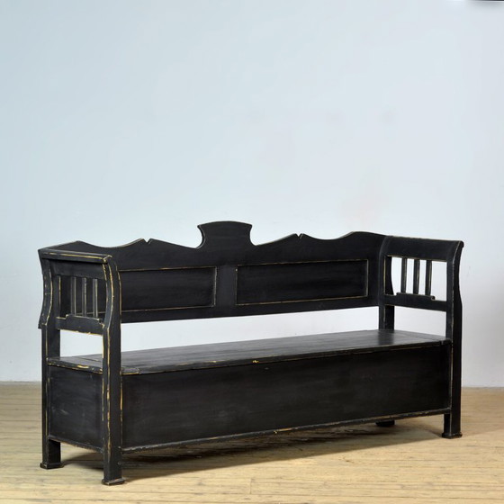 Image 1 of Antieke grenen bank met neerklapbaar blad, jaren 1900