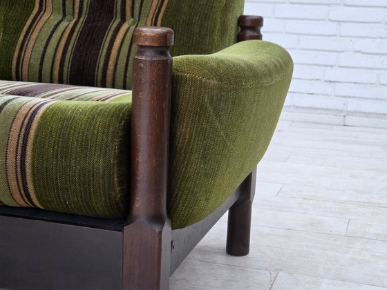 Image 1 of 1970s, Scandinavian 2-seater sofa, green furniture velour, beech wood.