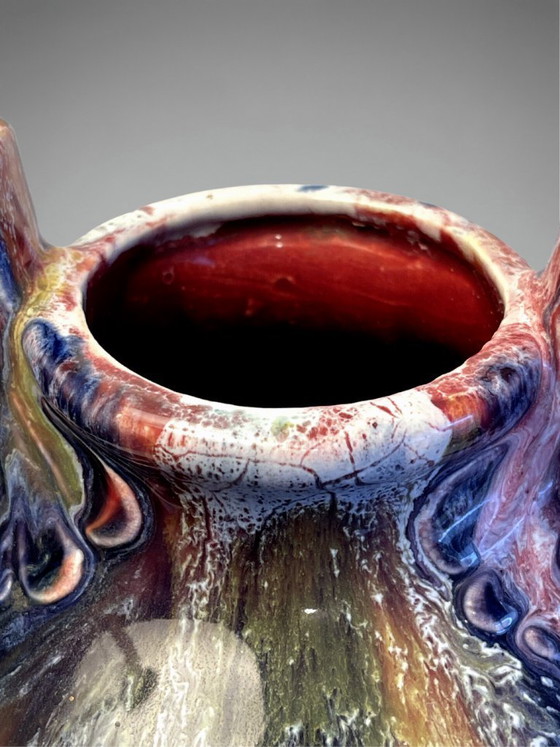 Image 1 of Grote Elgé vaas – Frans kunstkeramiek – Art Deco handgrepen – polychroom geflambeerd glazuur – 32 cm