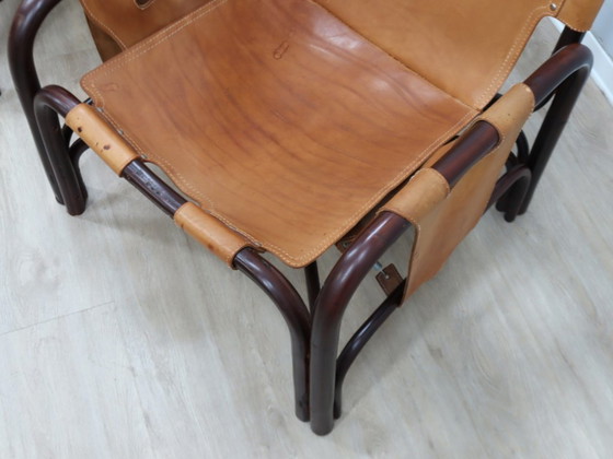Image 1 of Tito Agnoli fauteuil uit het midden van de 20e eeuw, leer en bamboe, jaren 60.