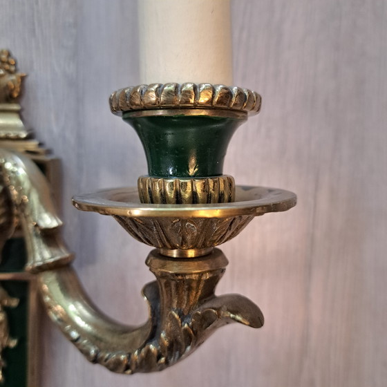 Pair of Vintage Ram's Head Wall Sconces – Louis XVI / Empire Style – Green & Gold – Wall lights, Brass (photo 6 of 10)