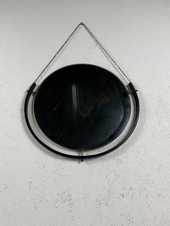 Image 1 of Round varnished metal and brass mirror with chain, 1950s