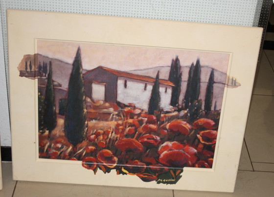 Image 1 of Peinture murale sur cadre en bois avec motif de fleurs