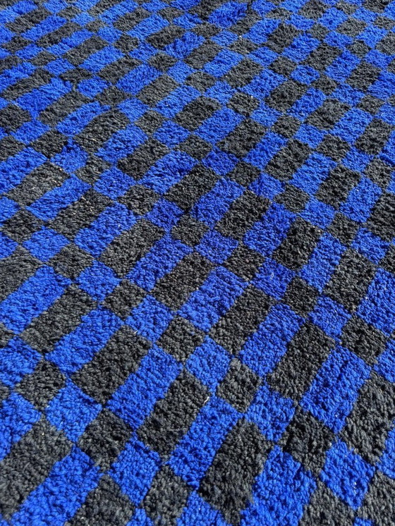 Image 1 of Handmade Moroccan Rug – Black & Blue Checkered Wool Carpet | Geometric Checkerboard Area Rug | Boho Vintage Style Home Decor