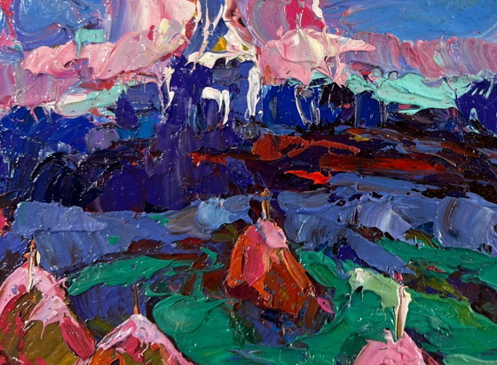 Image 1 of Original Oil Painting Sunset Field Landscape The evening is falling silent