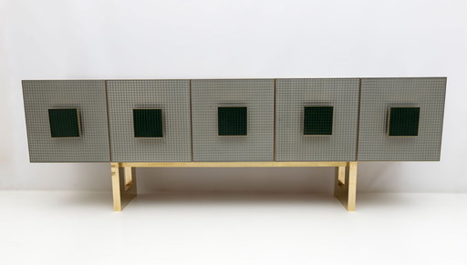 Postmodern Italiaans bar dressoir van gekleurd glas en messing, jaren 80