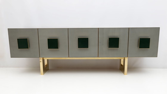 Image 1 of Buffet de bar italien postmoderne en verre coloré et laiton, années 1980