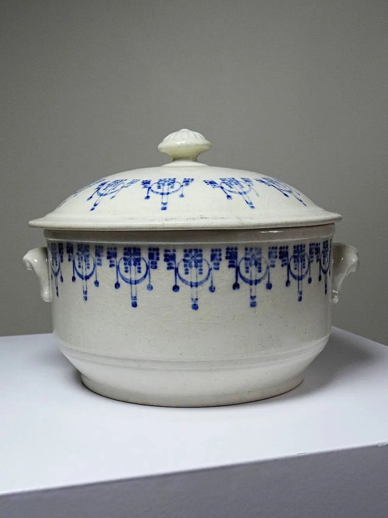 Vecchia casseruola in terraglia smaltata con decoro blu St Uze., Stoviglie, Porcellana, Art Deco (foto 8 di 13)