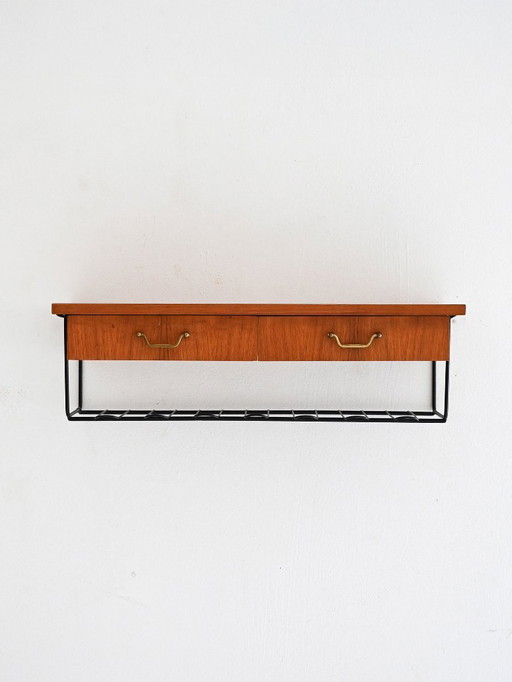 Comodino da parete scandinavo in teak con due cassetti