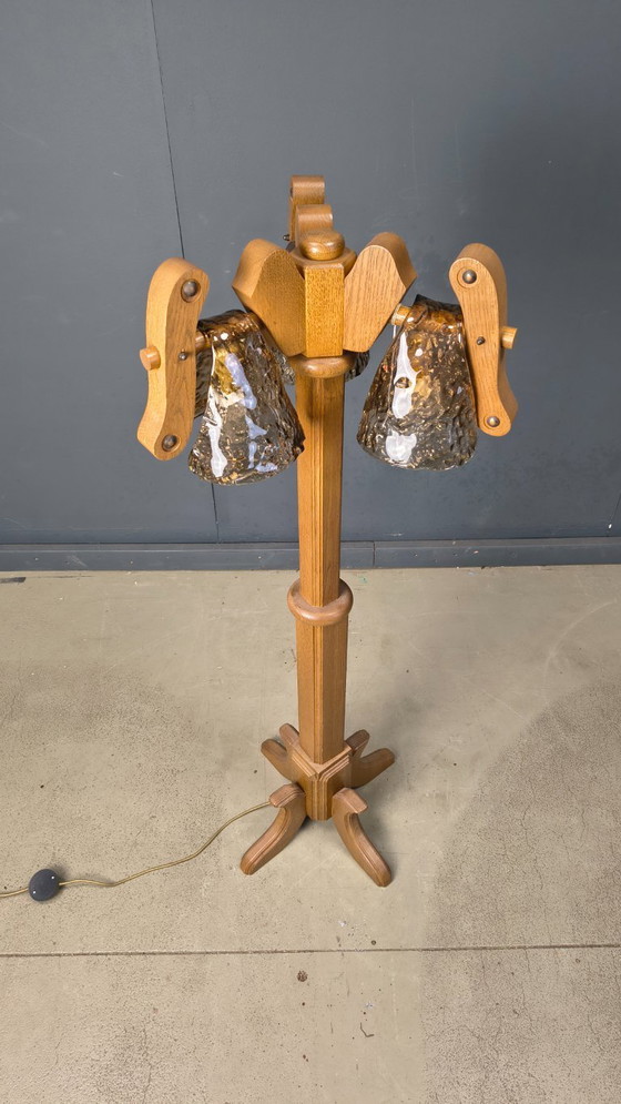 Image 1 of Lampadaire rustique en chêne et verre de Murano, années 1960