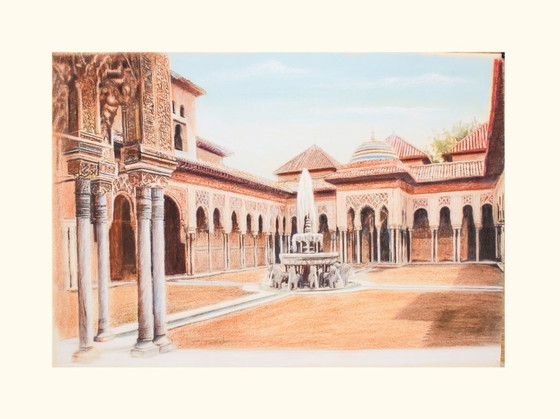 Image 1 of Drawing of the Alhambra. Court of the Lions. Alhambra painting. Painting of the Court of the Lions. New.