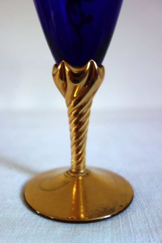 12 flûtes verre de Murano bleu cobalt et or mid century, Verres et carafes (photo 11 sur 12)