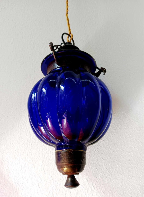 Image 1 of 2x Lampes Photophores en Verre Bleu Inde