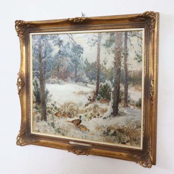 Image 1 of Pheasants in the Snow, Oil Painting on Board, Signed Wilhelm Buddenberg