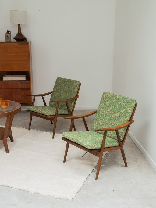 Pair of green "Ton" boomerang armchairs by Antonin Suman