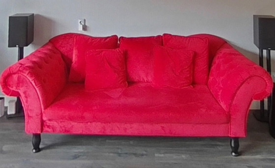 Ensemble de canapés Chesterfield de luxe en velours rouge – Canapés 3 places, Textile (photo 4 of 7)