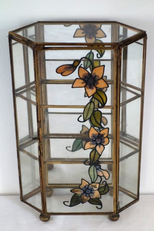 Sechseckige Vitrine aus Glas und Messing mit Vintage-Blumenmotiv