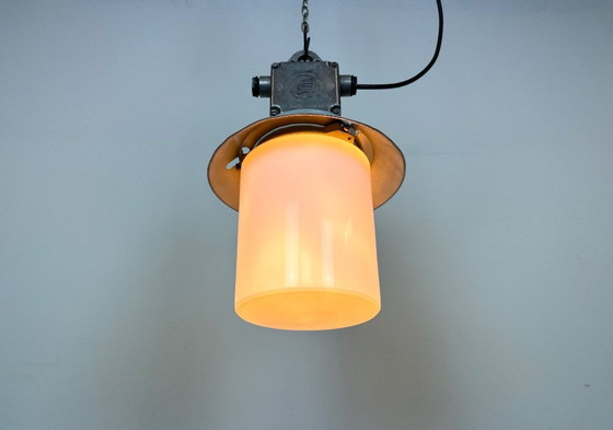 Image 1 of Industrial Aluminium Light with Milk Glass Cover from Elektrosvit, 1970s