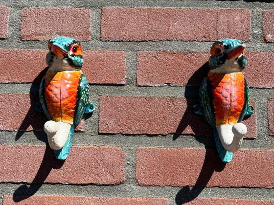 Image 1 of Set of 2 cast iron kingfisher bird sculptures that also serve as sturdy wall hooks - Free Shipping