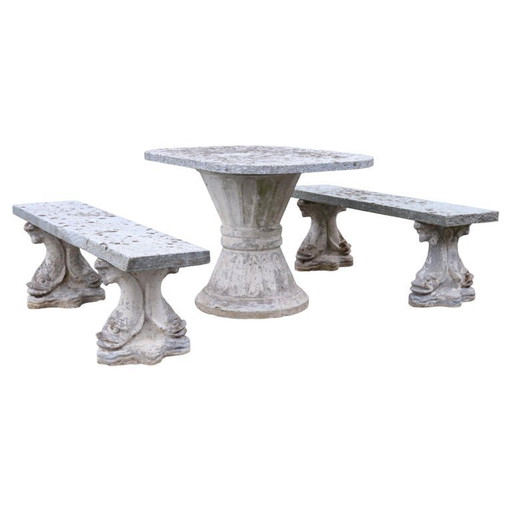 Conjunto de jardín con mesa y dos bancos
