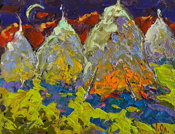 Image 1 of Original Oil Painting Summer Nature Landscape Mysterious night under the moon