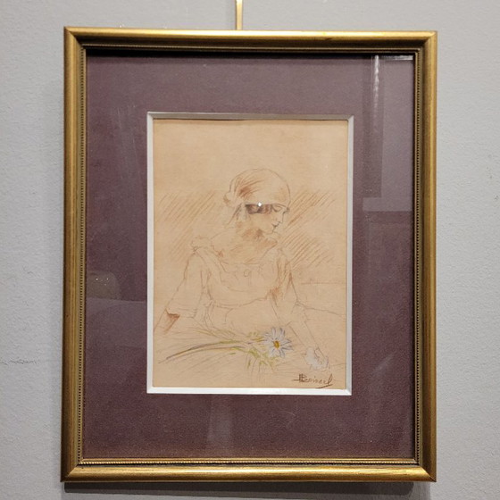Image 1 of Disegno su carta "Ritratto femminile con margherita", firmato Boiscel, Art Nouveau, circa 1900 - Francia