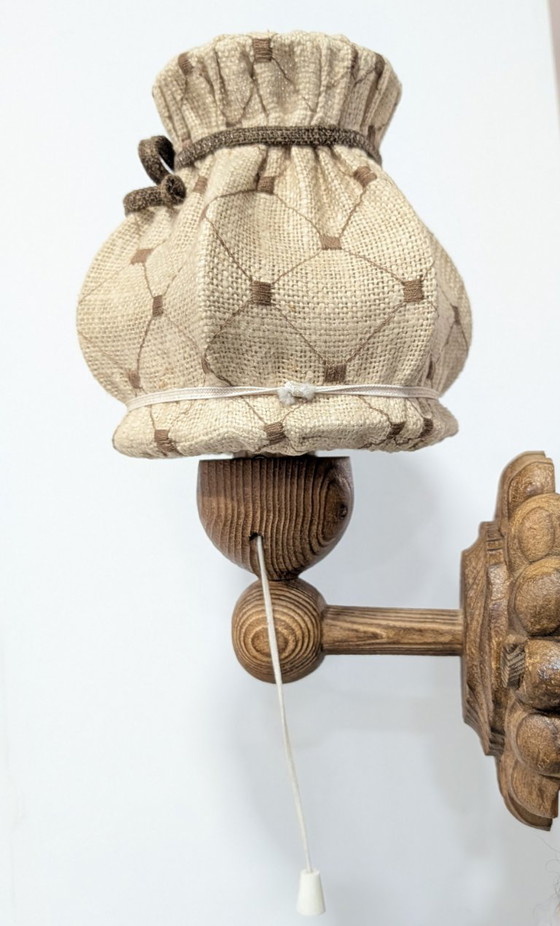 Image 1 of Carved Pine Wall Sconces with Jute Shades, Swedish Design, 1970s