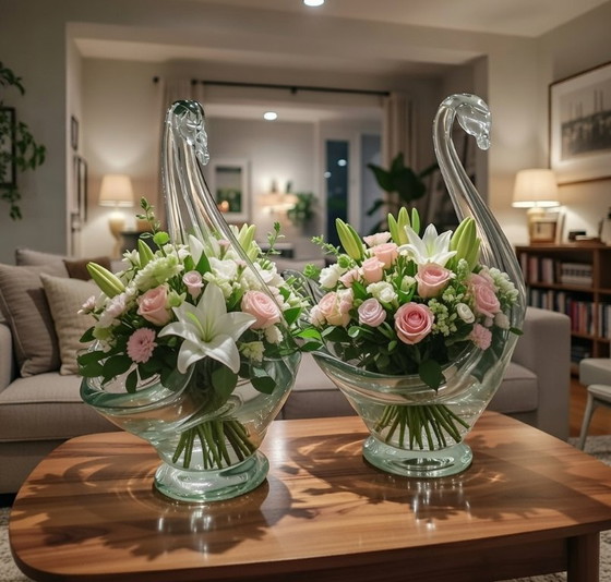 Image 1 of (W018) PAIR of large Chribská swan bowls – Josef Hospodka – 31 and 32 cm – ca. 1965