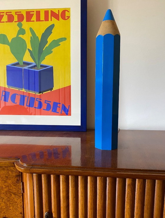 Image 1 of Michel Aroutcheff, postmodern blue Pencil table lamp, Ed. Vilac France 1980s