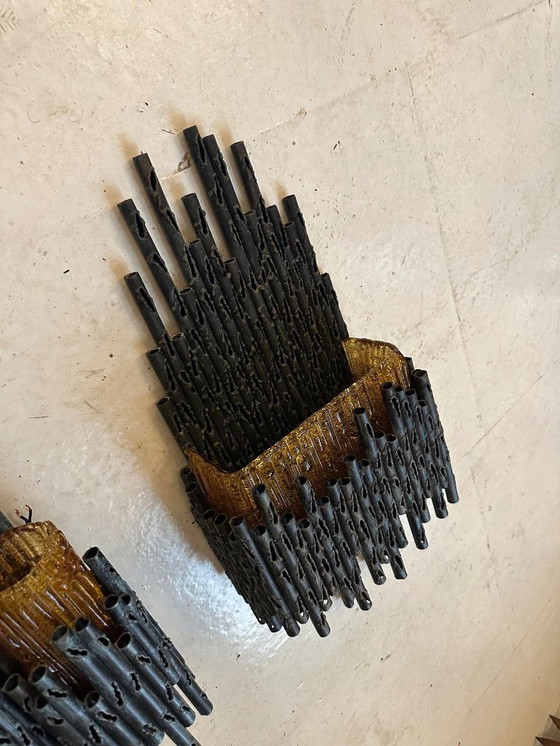 Image 1 of Set di tre applique brutaliste in acciaio e vetro testurizzato, Italia anni '70