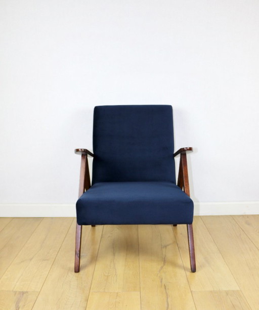 Klassieke fauteuil Var B-310 jaren 60 vintage marineblauw fluweel - donker hout