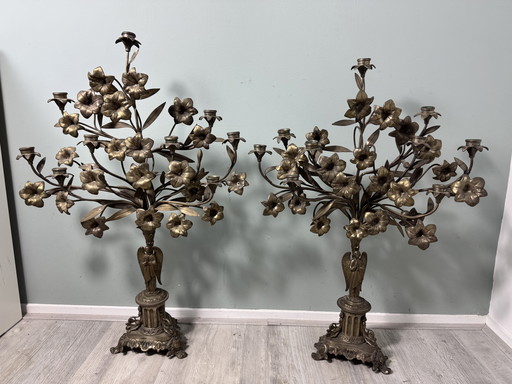 Set of 2 antique church candlesticks Art Nouveau The right one has the rod with bathing broken off( this needs to be welded )