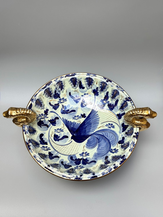 Image 1 of Große handbemalte Schale von H. Bequet mit vergoldeten Drachengriffen